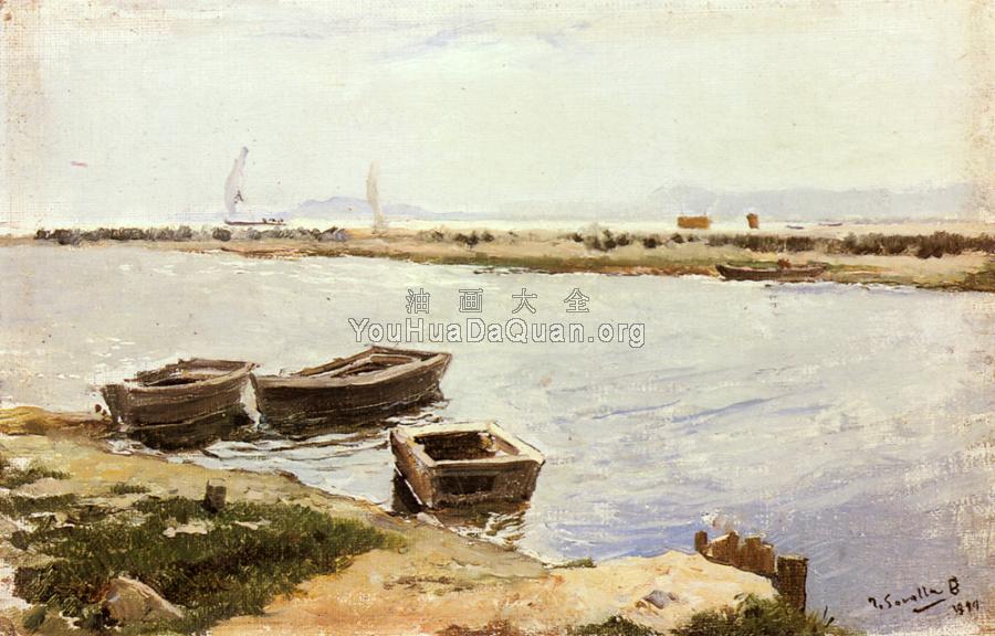 Three Boats By A Shore - 华金·索罗利亚·巴斯蒂达
